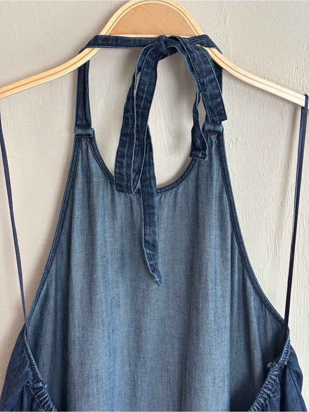 Free People Large Dark Denim Backless Halter Bubble Tent Dress Pockets Cotton - Picture 11 of 16
